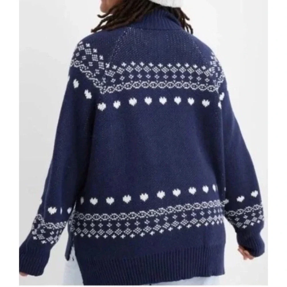 New Aerie Knit LOVE 1/4 Zip Blue Oversized  Pullover Sweater Fair Isle Size S - Picture 3 of 10